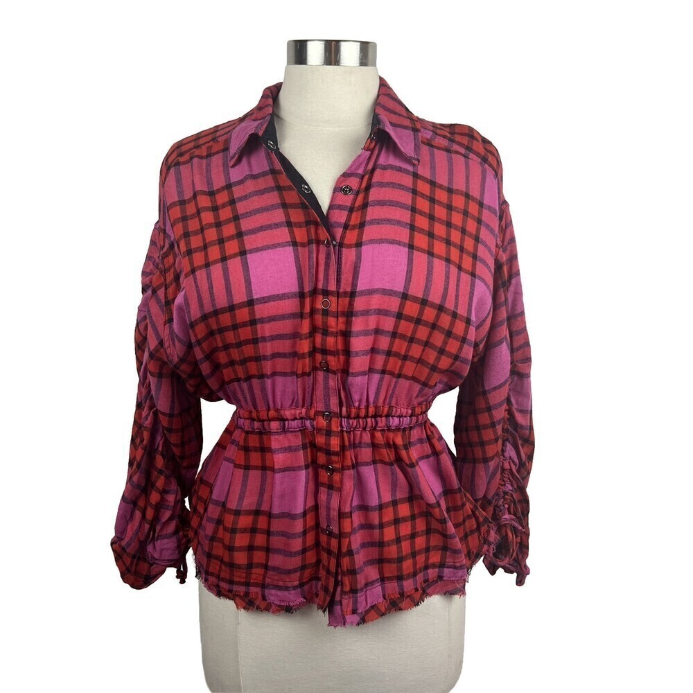 Free People Pacific Dawn Shirt XS Womens $118 Red Combo Pink Plaid Raw Hem Snap